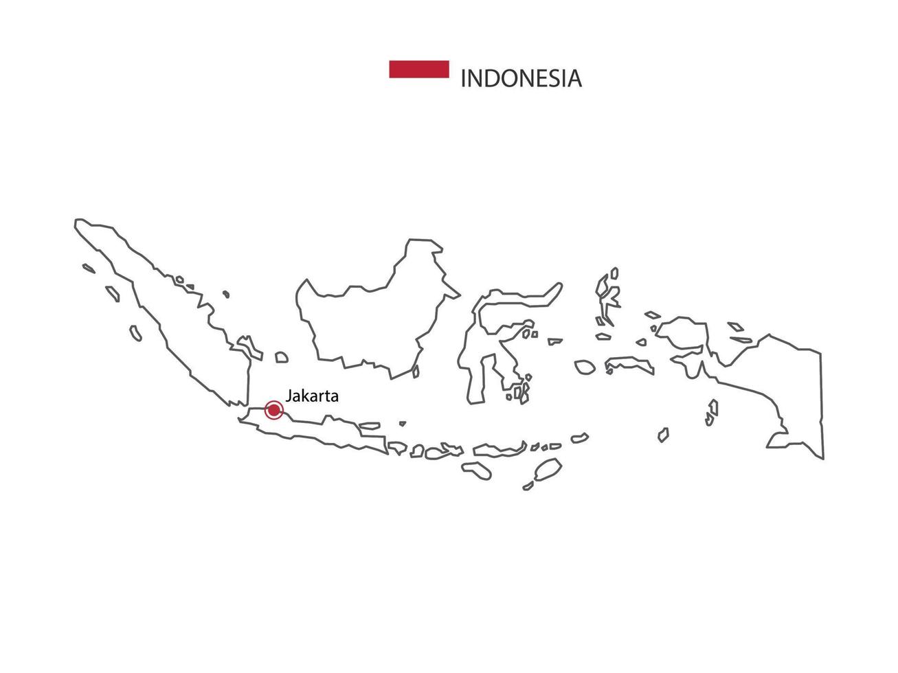 Dibujar a mano el vector de línea negra delgada del mapa de indonesia con la ciudad capital Yakarta sobre fondo blanco.