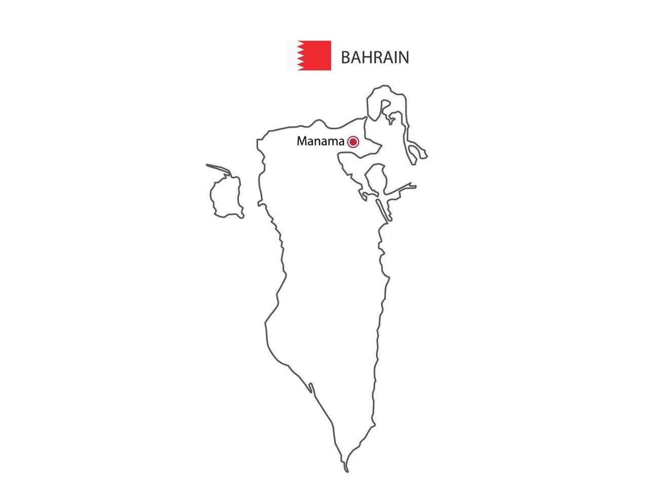Hand draw thin black line vector of Bahrain Map with capital city Manama on white background.