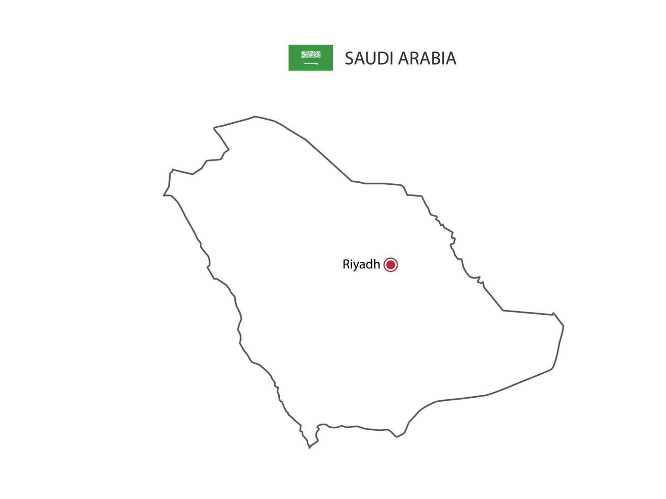 Hand draw thin black line vector of Saudi Arabia Map with capital city Riyadh on white background.
