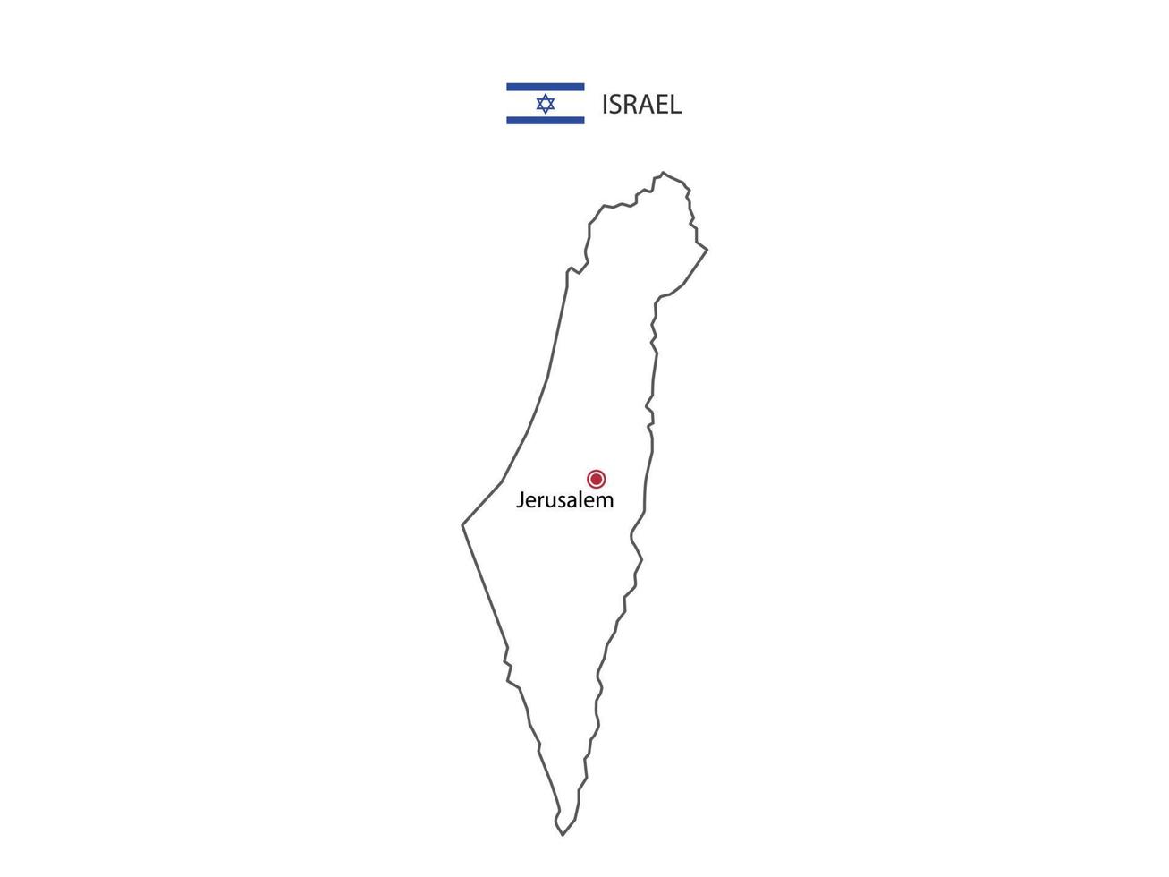 dibujar a mano el vector de línea negra delgada del mapa de israel con la ciudad capital jerusalén sobre fondo blanco.