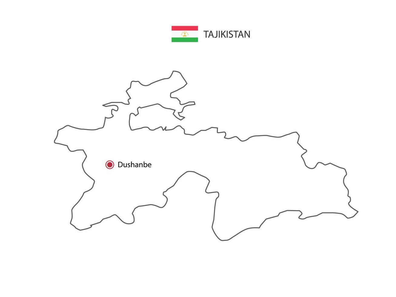 dibujar a mano el vector de línea negra delgada del mapa de tayikistán con la ciudad capital dushanbe sobre fondo blanco.