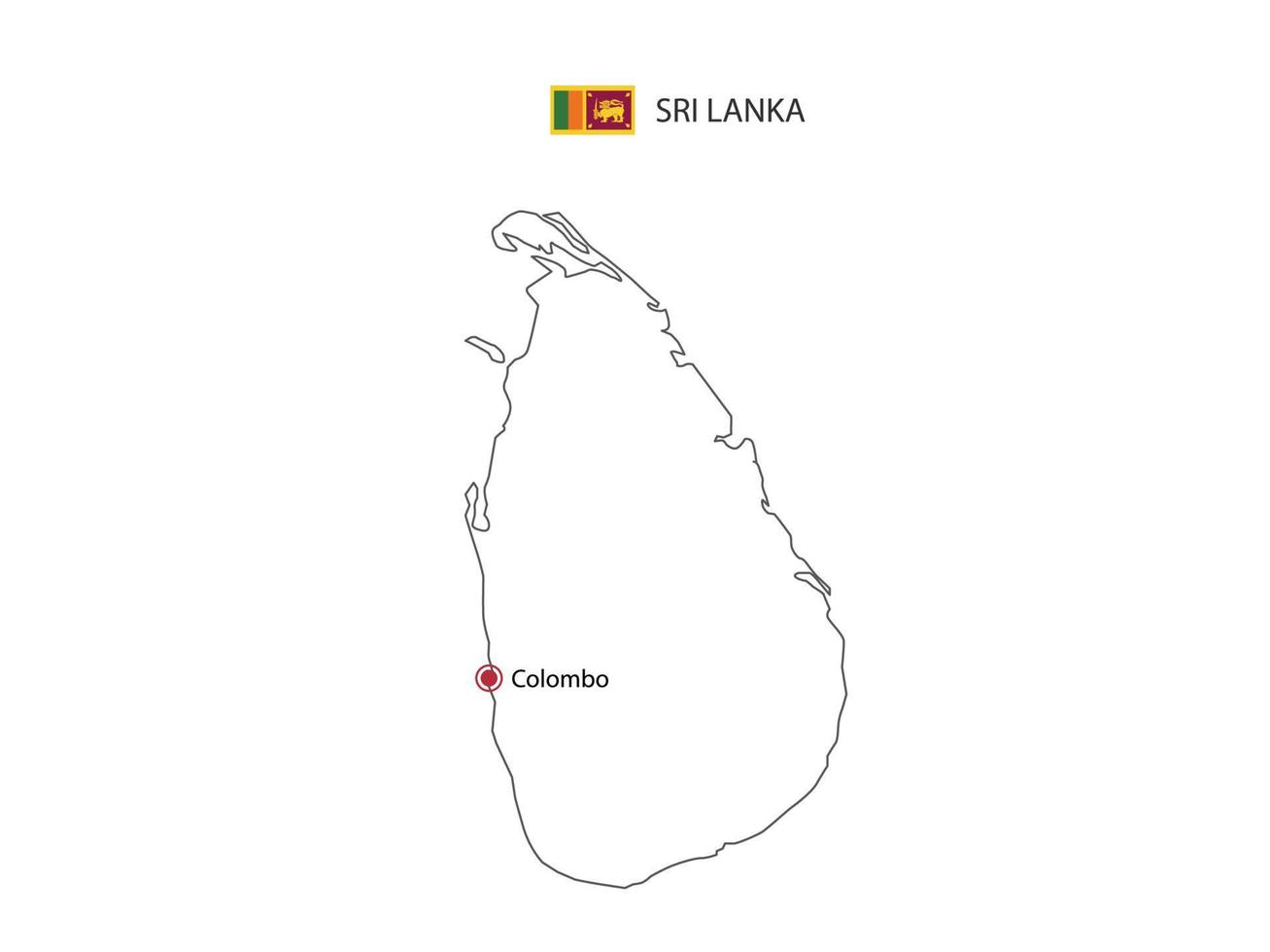 dibujar a mano el vector de línea negra delgada del mapa de sri lanka con la ciudad capital colombo sobre fondo blanco.