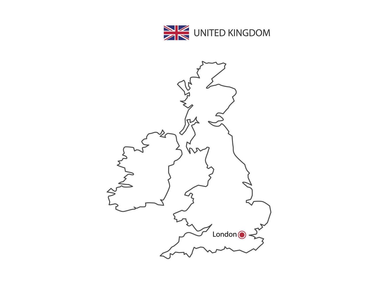 Hand draw thin black line vector of United Kingdom Map with capital city London on white background.