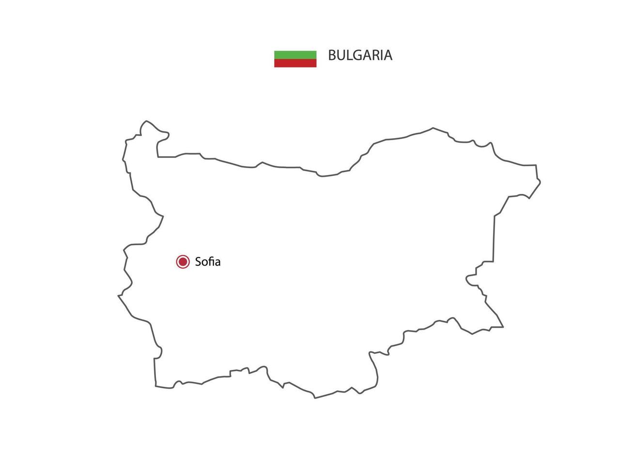 dibujar a mano el vector de línea negra delgada del mapa de bulgaria con la ciudad capital sofia sobre fondo blanco.