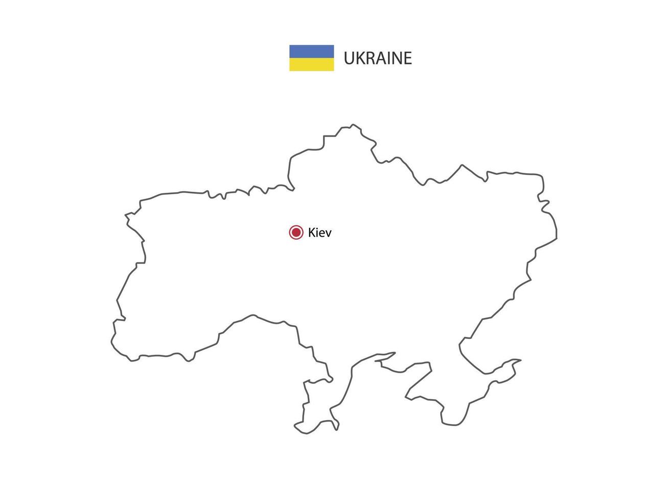 Hand draw thin black line vector of Ukraine Map with capital city Kiev on white background.