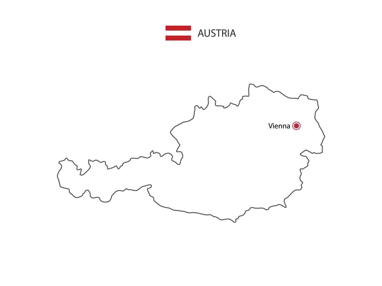 Hand draw thin black line vector of Austria Map with capital city Vienna on white background.