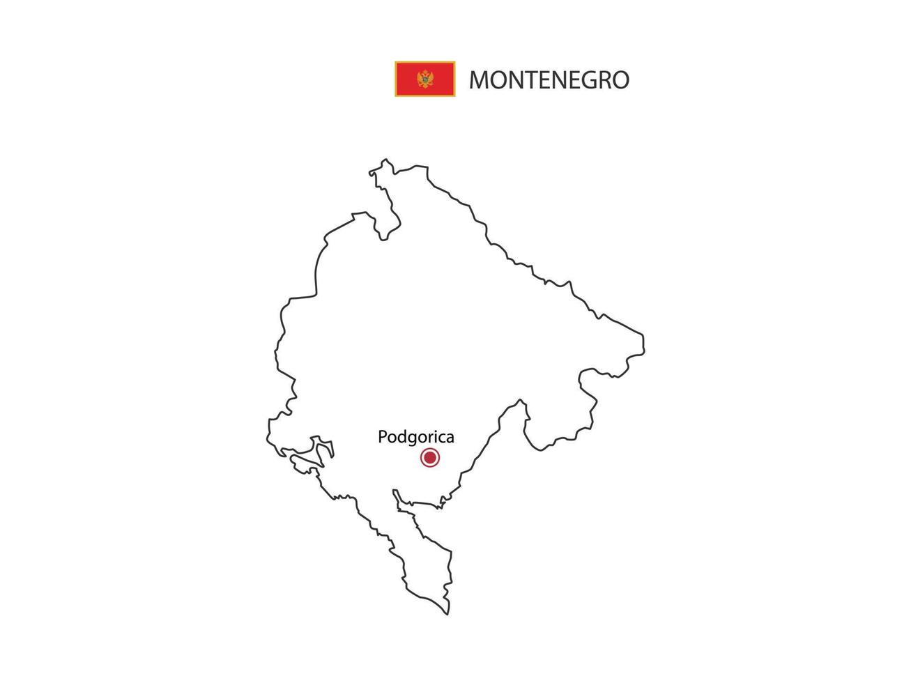 dibujar a mano el vector de línea negra delgada del mapa de montenegro con la ciudad capital podgorica sobre fondo blanco.