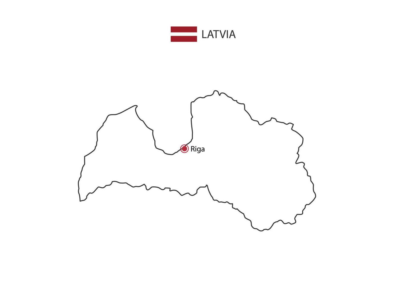 Hand draw thin black line vector of Latvia Map with capital city Riga on white background.