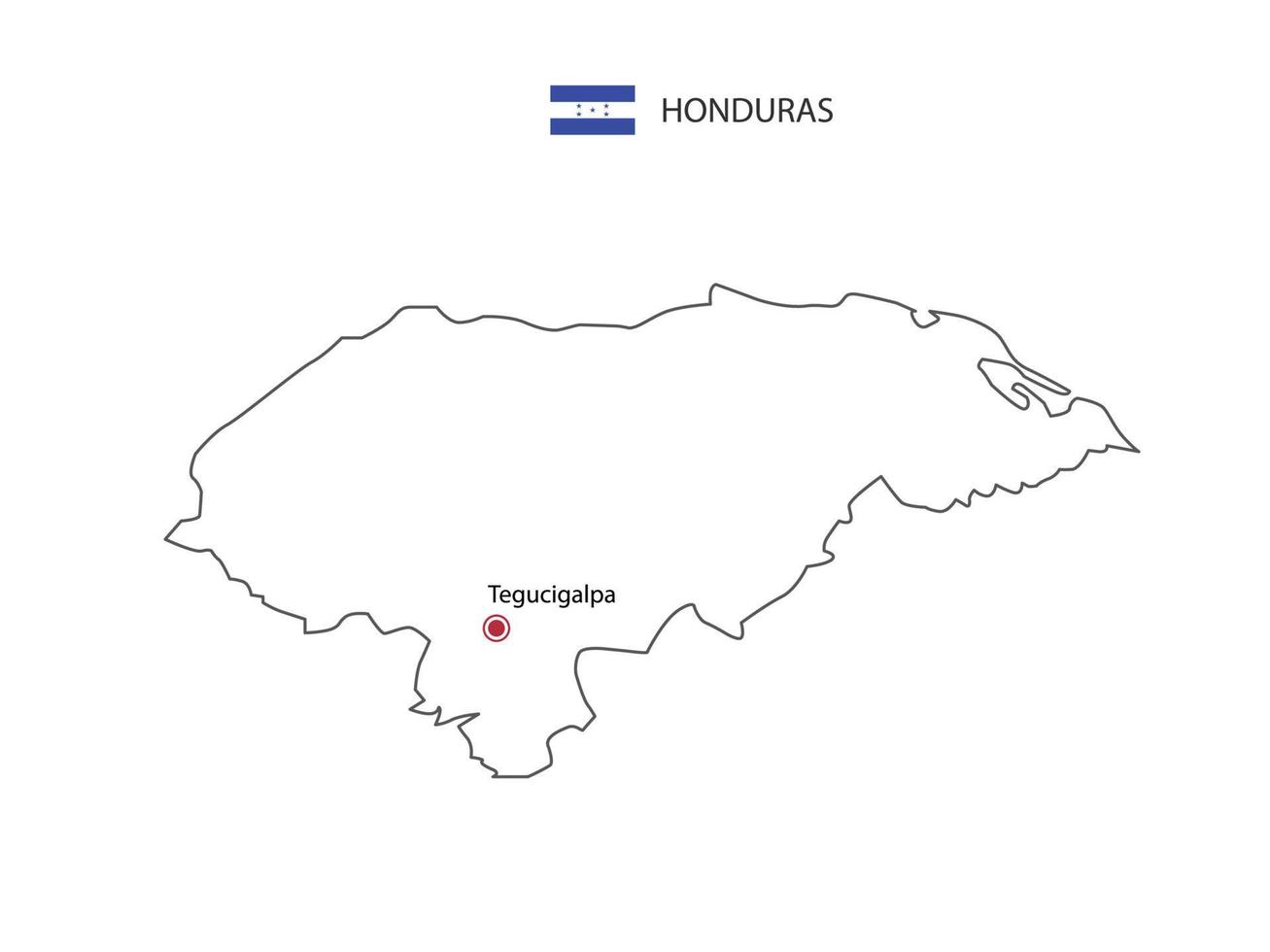 Hand draw thin black line vector of Honduras Map with capital city Tegucigalpa on white background.