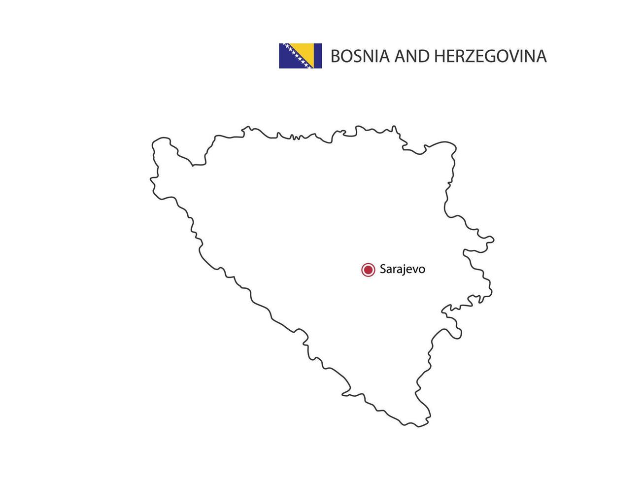 Hand draw thin black line vector of Bosnia and Herzegovina Map with capital city Sarajevo on white background.