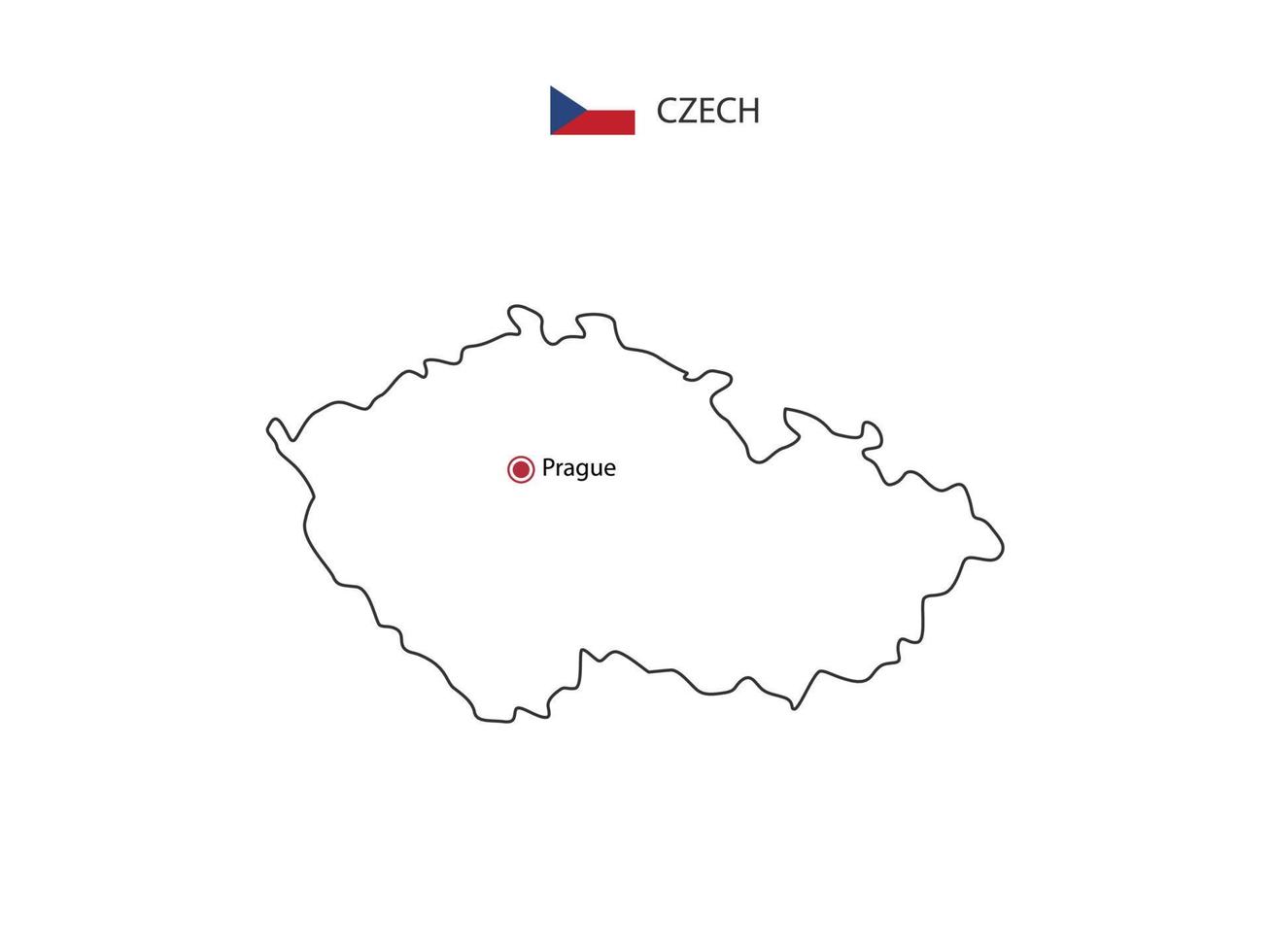 Hand draw thin black line vector of Czech Republic Map with capital city Prague on white background.