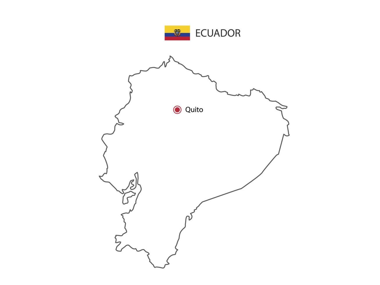 dibujar a mano el vector de línea negra delgada del mapa de ecuador con la ciudad capital quito sobre fondo blanco.