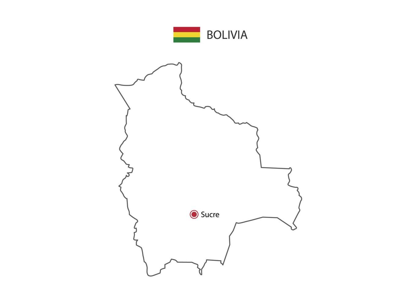 dibujar a mano el vector de línea negra delgada del mapa de bolivia con la ciudad capital sucre sobre fondo blanco.