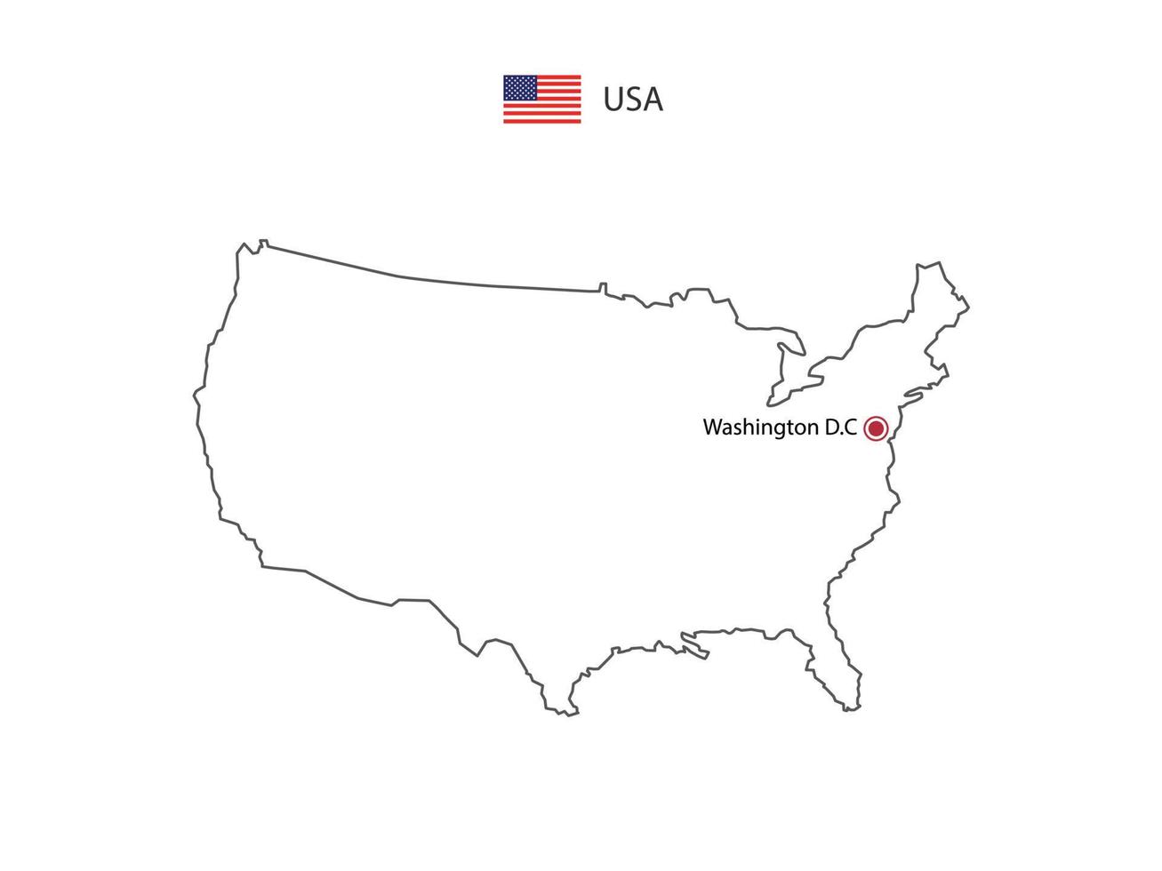 dibujar a mano el vector de línea negra delgada del mapa de los estados unidos de américa con la ciudad capital washington dc sobre fondo blanco.