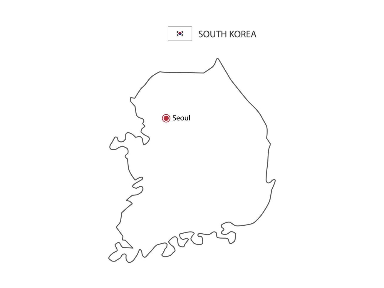 Hand draw thin black line vector of South Korea Map with capital city Seoul on white background.