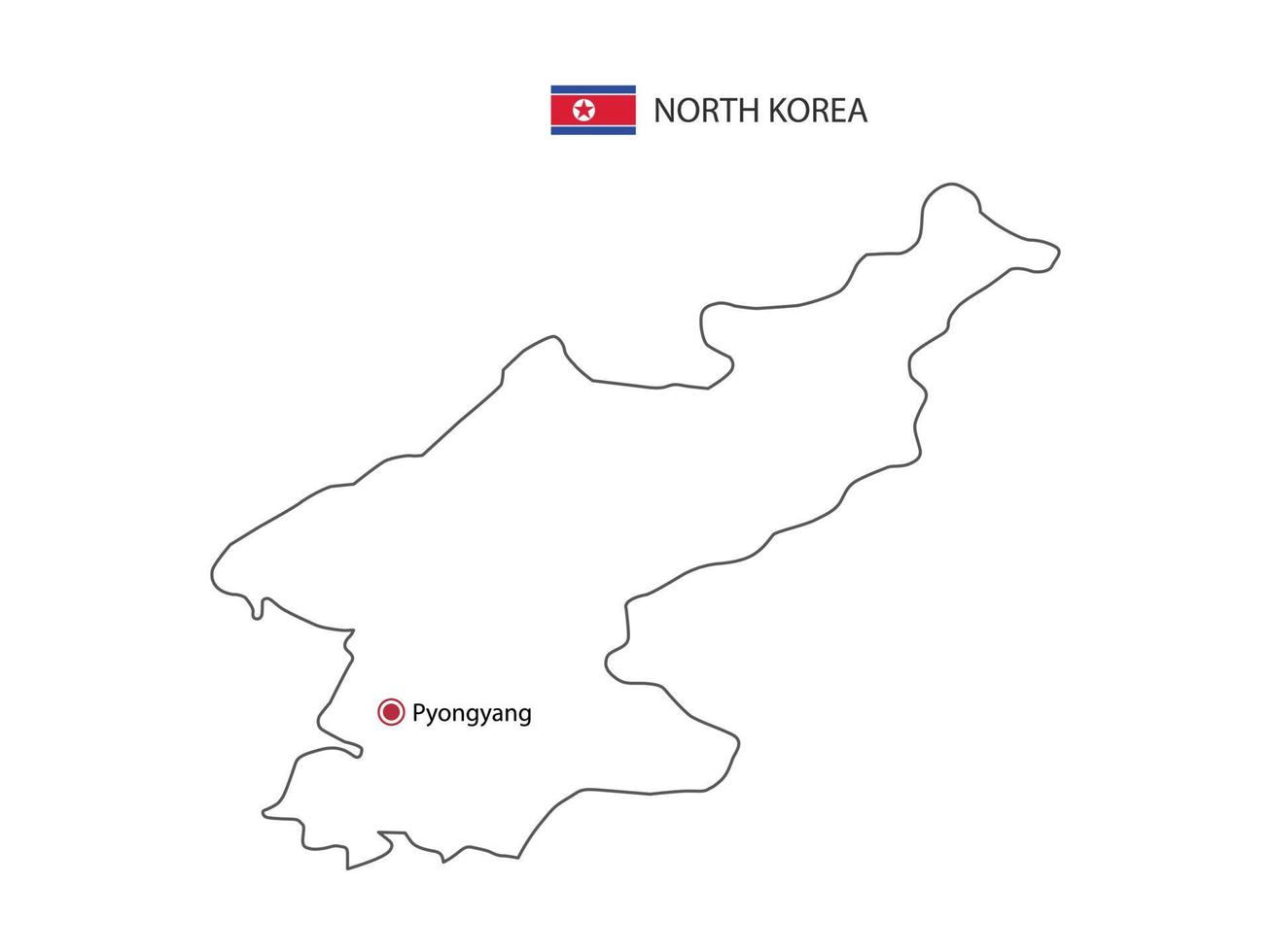dibujar a mano el vector de línea negra delgada del mapa de corea del norte con la ciudad capital pyongyang sobre fondo blanco.