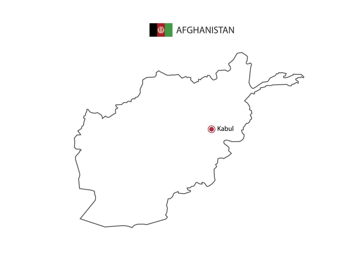 Hand draw thin black line vector of Afghanistan Map with capital city Kabul on white background.