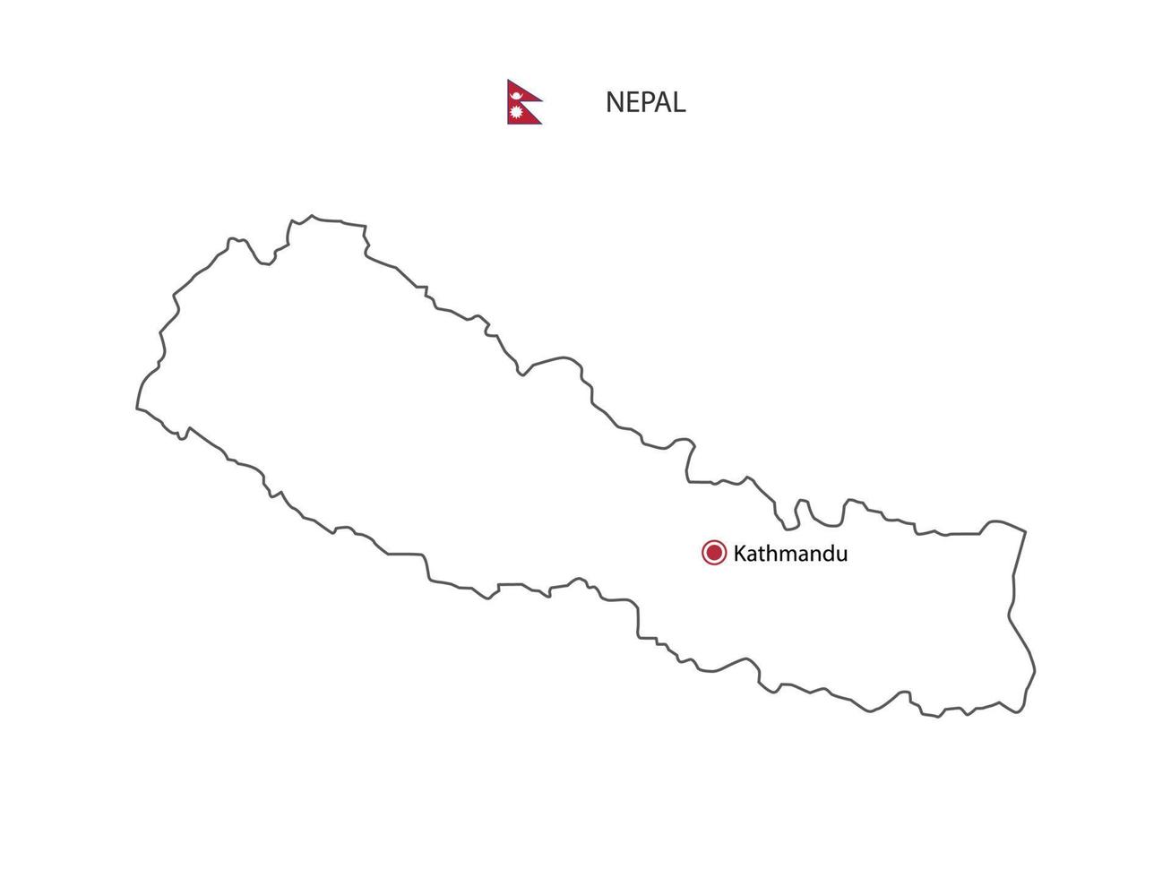 Hand draw thin black line vector of Nepal Map with capital city Kathmandu on white background.