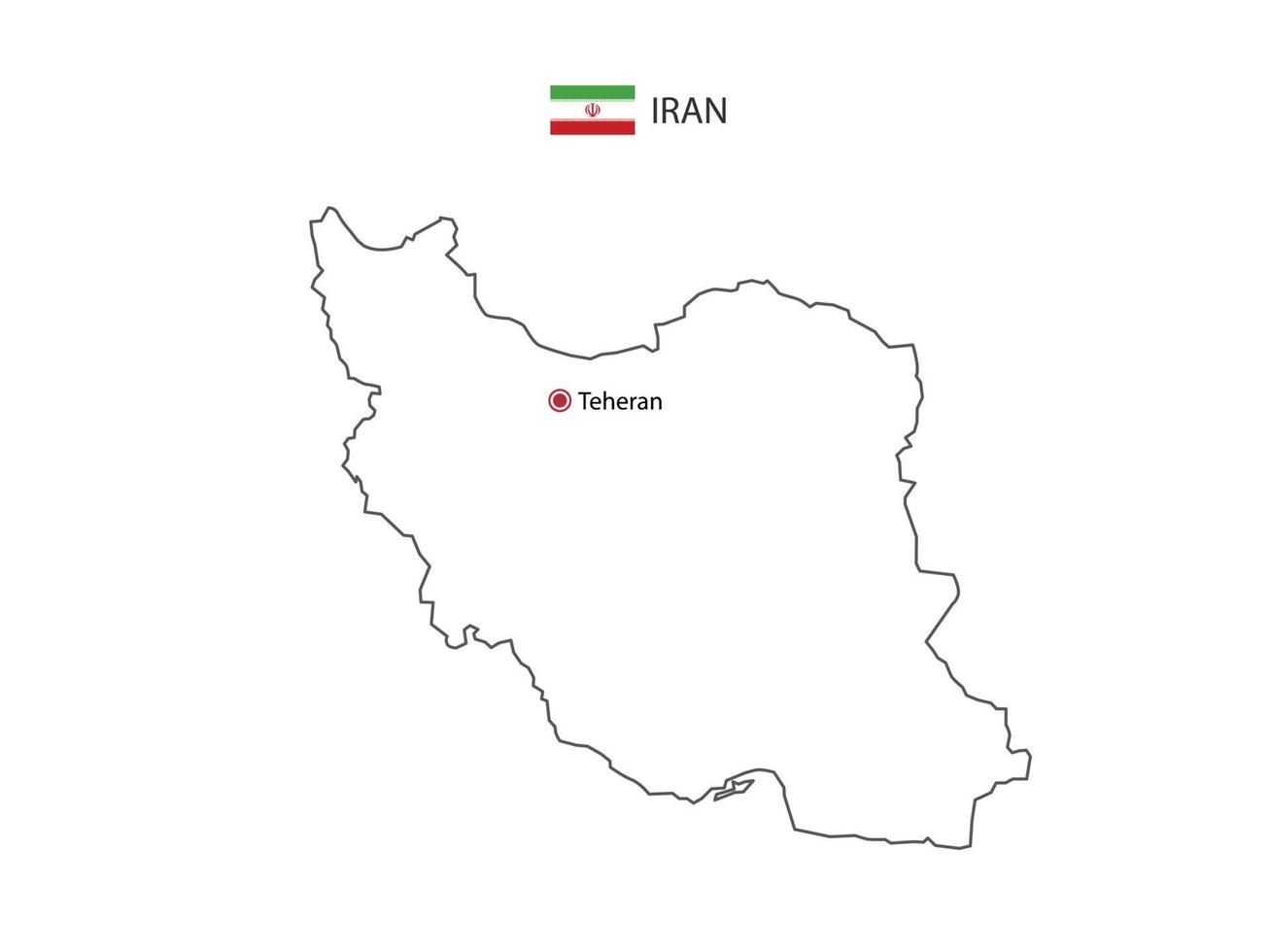 Dibujar a mano el vector de línea negra delgada del mapa de Irán con la ciudad capital, Teherán, sobre fondo blanco.