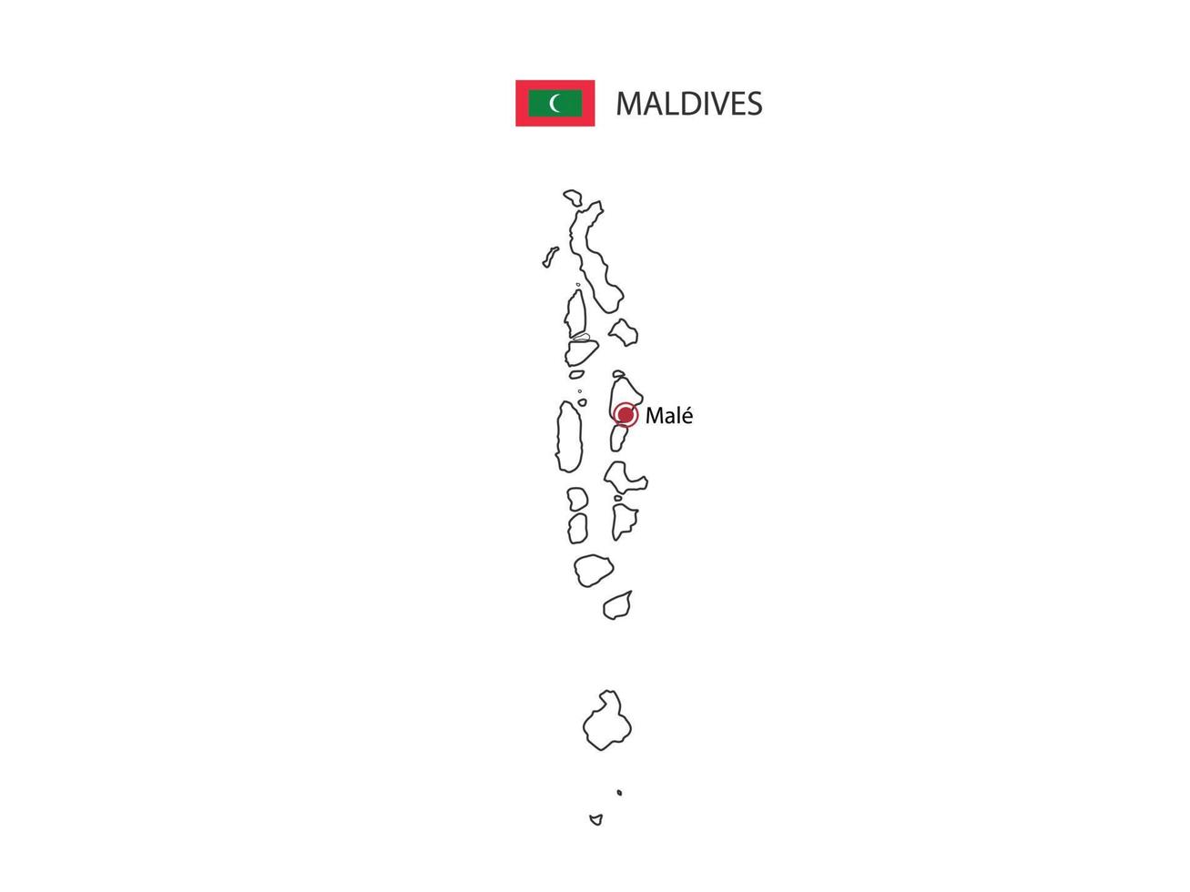 Hand draw thin black line vector of Maldives Map with capital city Male on white background.