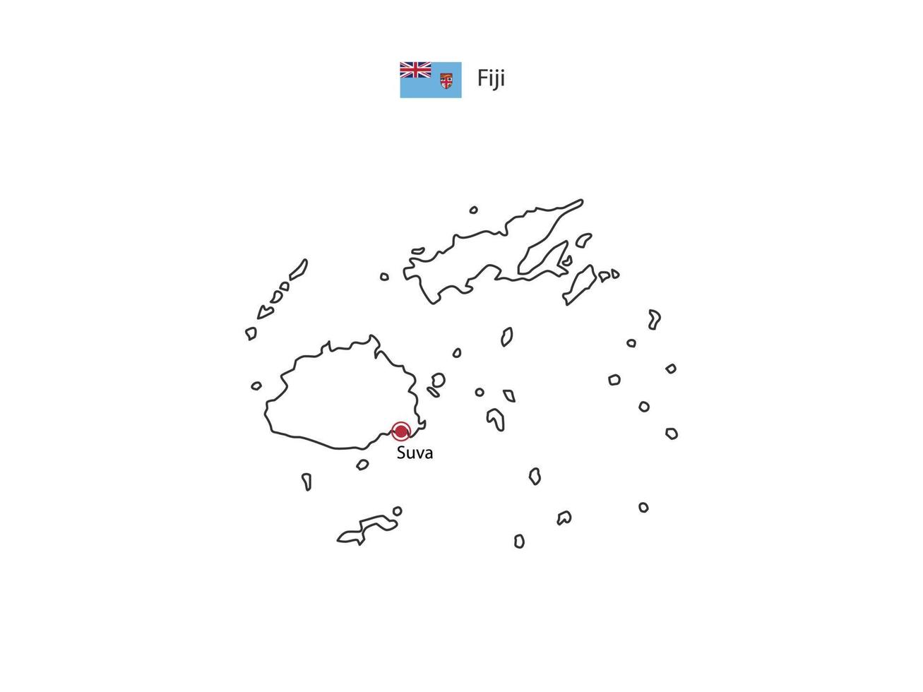 dibujar a mano el vector de línea negra delgada del mapa de fiji con la ciudad capital suva sobre fondo blanco.