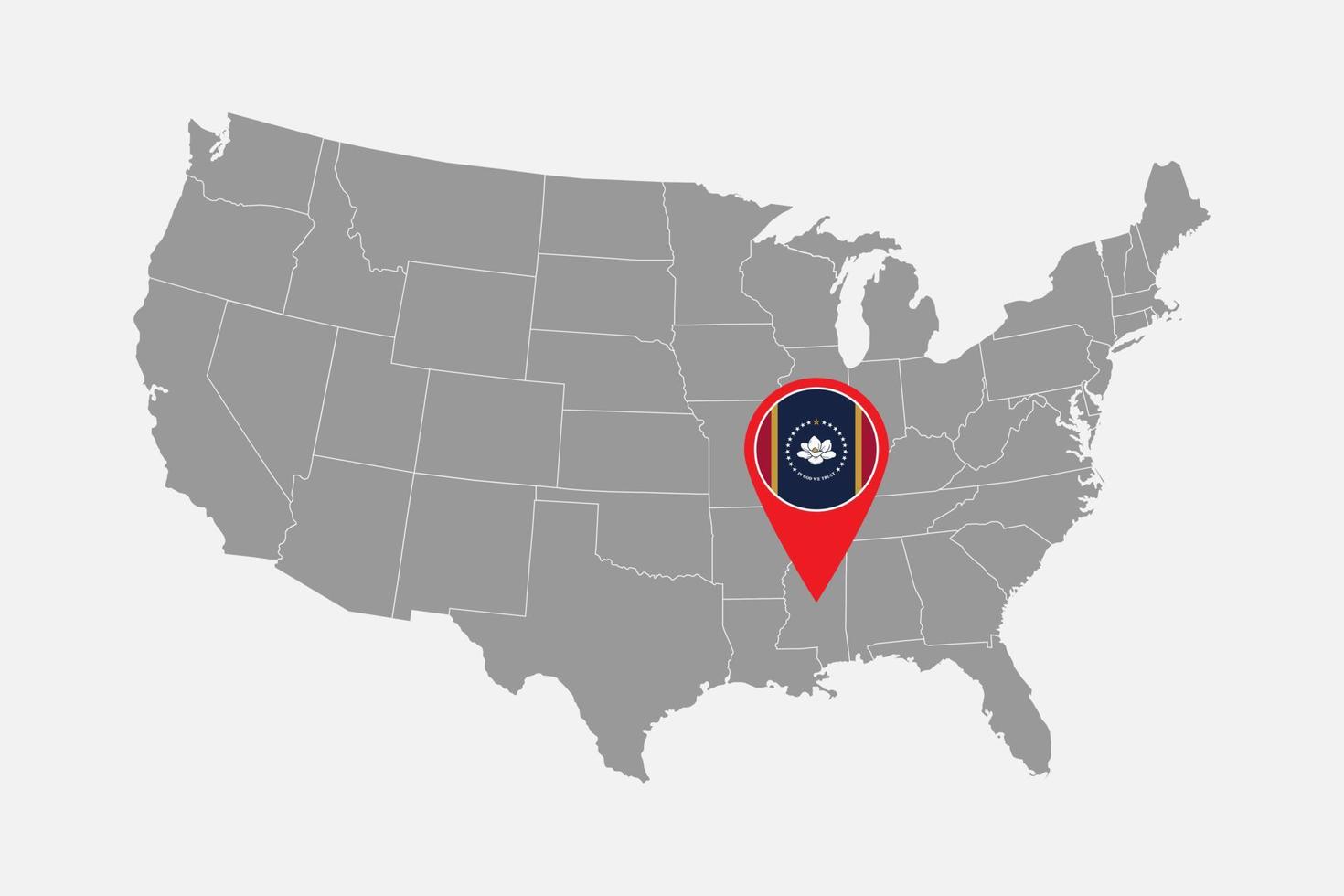 Map pointer with flag of Mississippi. Vector illustration.