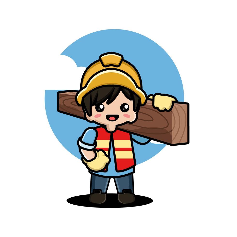 lindo, niño, trabajador construcción, caricatura vector