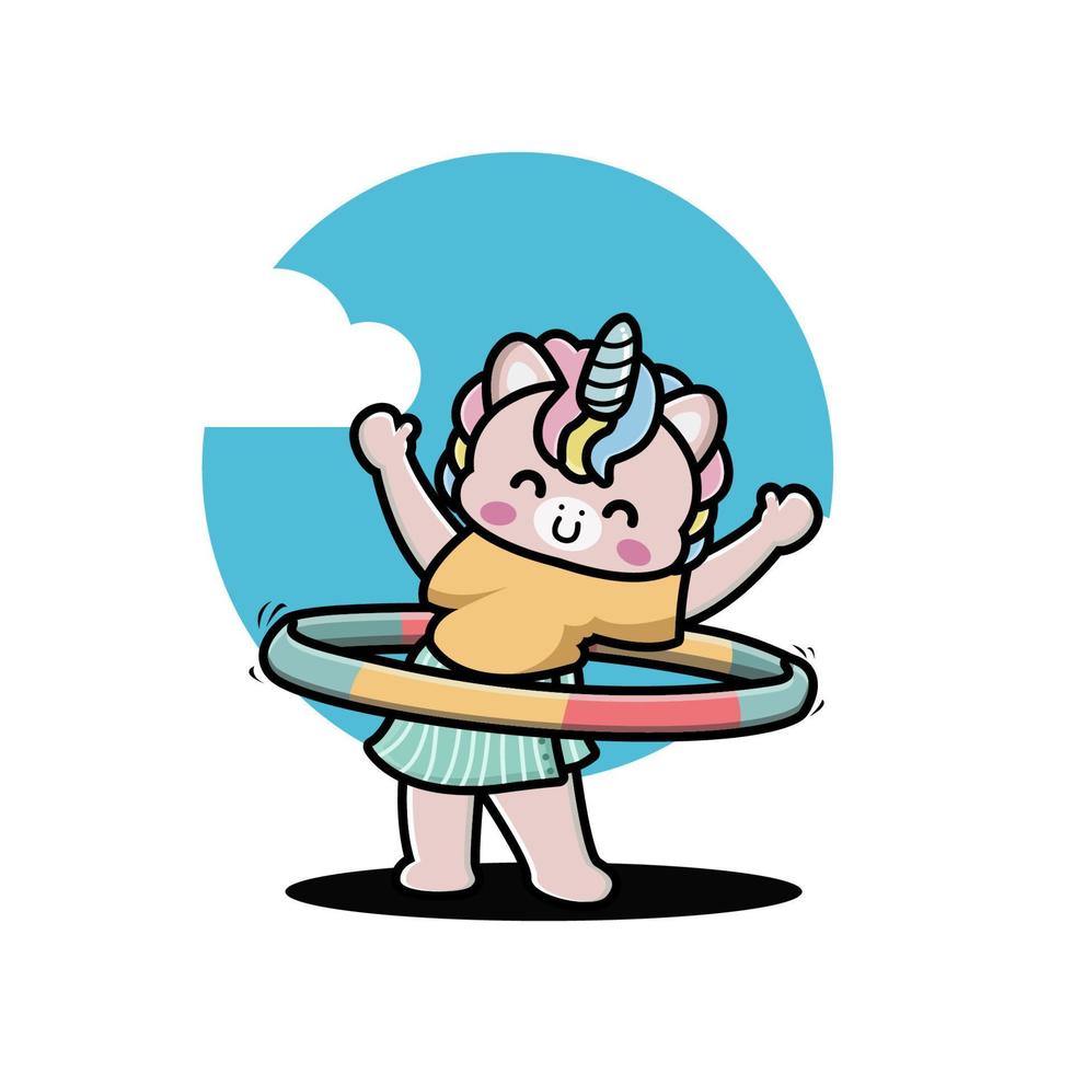 Cute unicorn palying hula hoop cartoon vector illustration