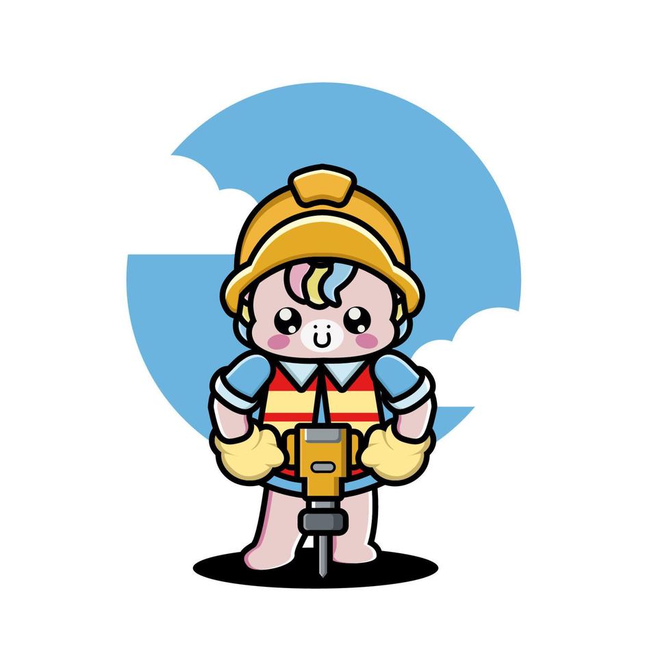 Cute unicorn construction worker cartoon vector
