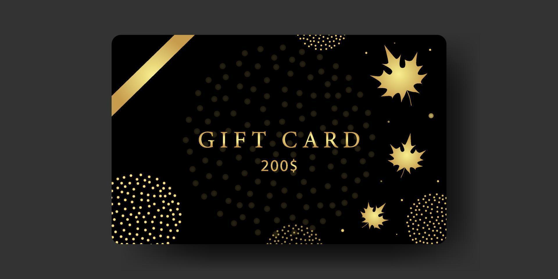 Luxury gift card template. Design layout for coupon, voucher, discount, certificate. Black and gold. Text, ribbon, maple leaves, fireworks. Elegant vector illustration for business, shopping.