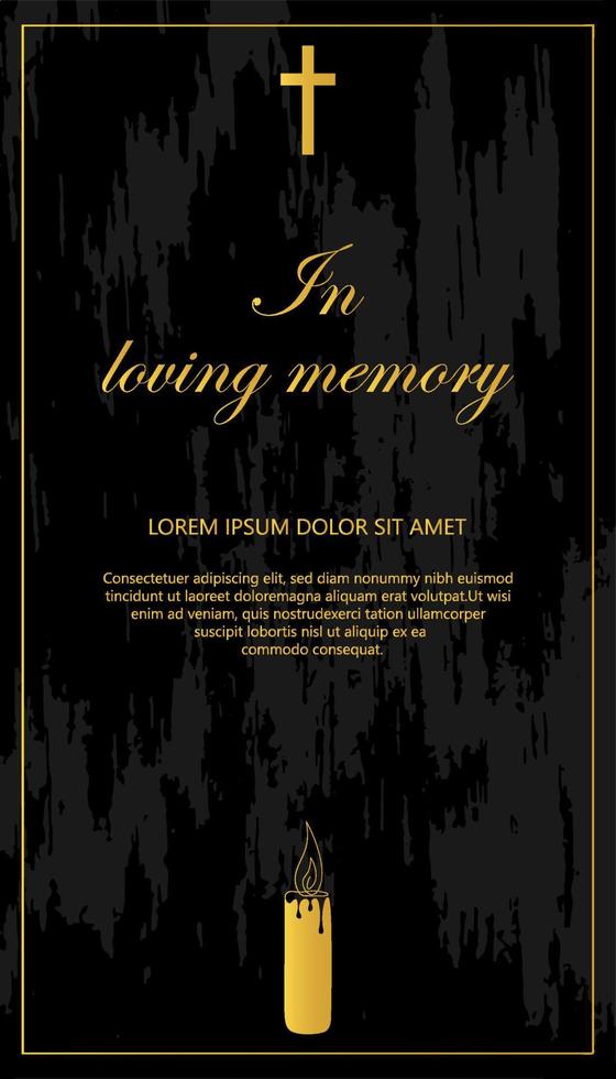 Elegant funeral card, in loving memory template on the black with grunge texture. Text, burning candle, cross. Vector illustration for condolence card.