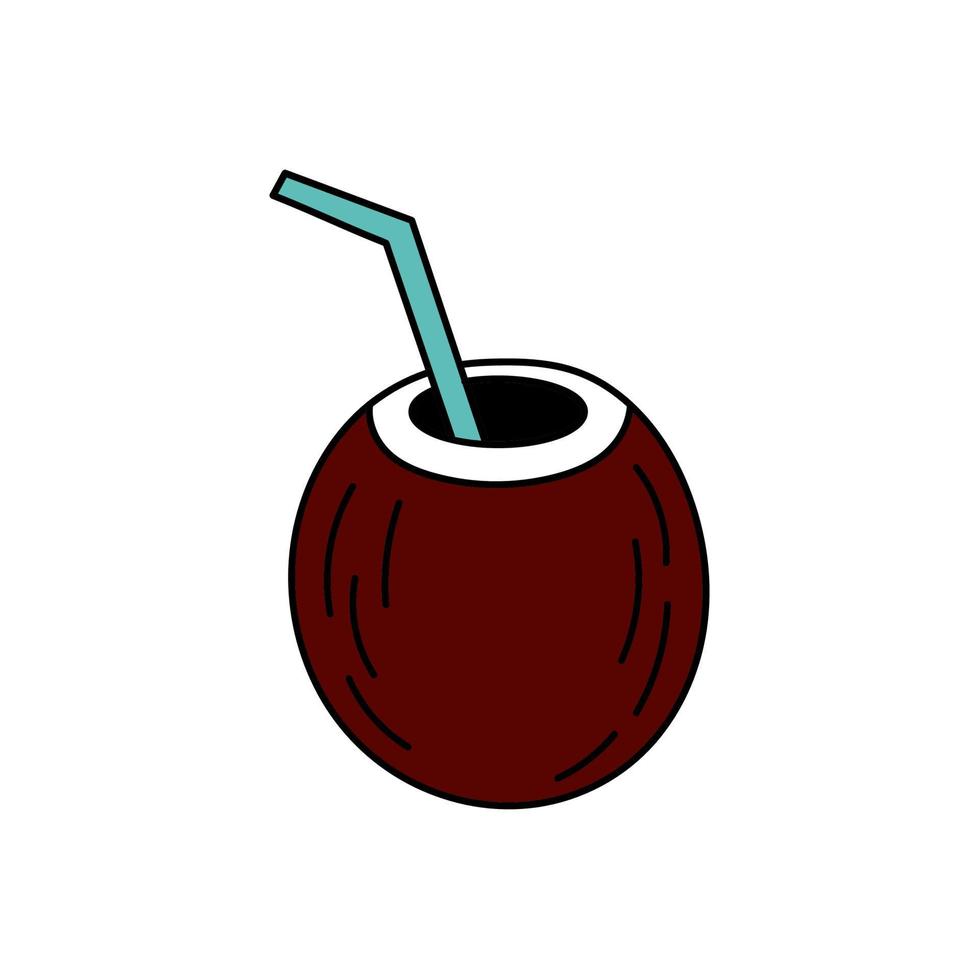 Fruit cocktail in cocount in doodle style. Simple illustration. Summer icon vector