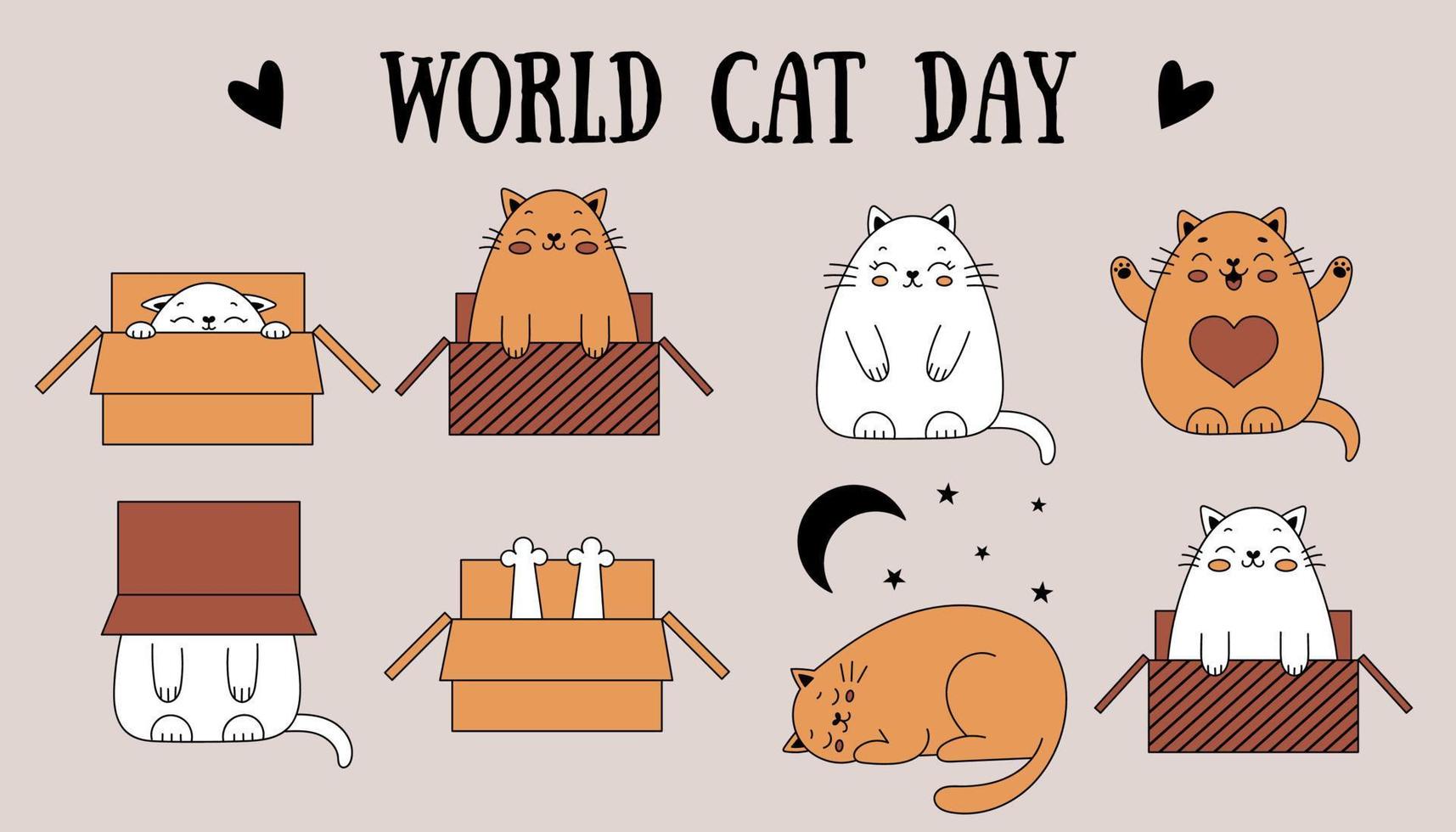 Cute doodle cats. Postcard to the international day of cats. Cheerful cat in a box. Vector illustration with pets.