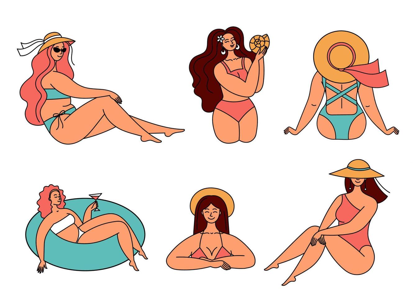 conjunto de chicas en trajes de baño, colección de playa de verano. mujeres de vacaciones. positividad corporal y amor propio. gente guapa. ilustración de estilo garabato vector