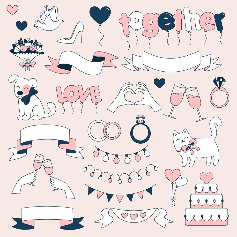 Set of wedding elements. Simple icons. Decoration of a wedding celebration. Doodle vector illustration