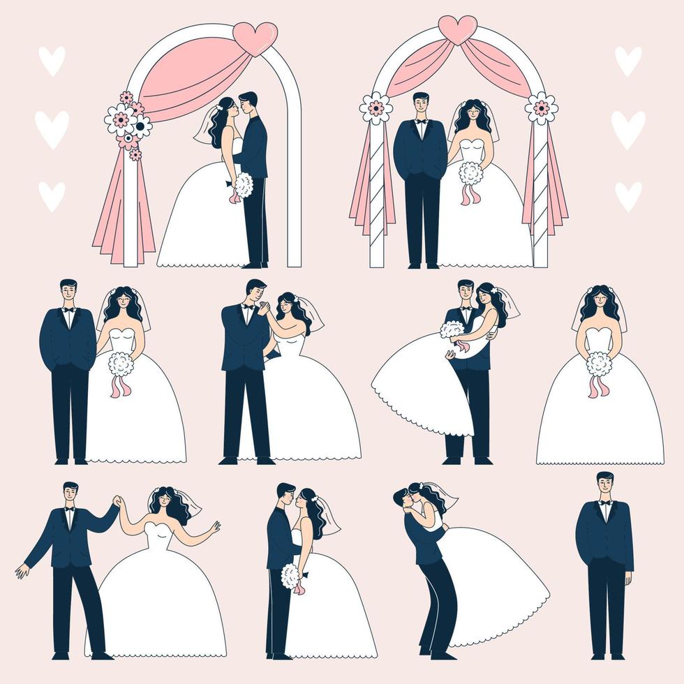 Set of wedding couples in different poses. The bride and groom under the wedding arch. Doodle vector illustration