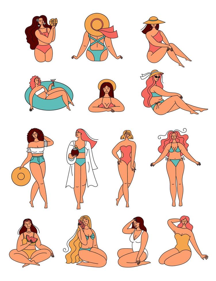 conjunto de chicas en trajes de baño, colección de playa de verano. mujeres de vacaciones. positividad corporal y amor propio. gente guapa. ilustración de estilo garabato vector