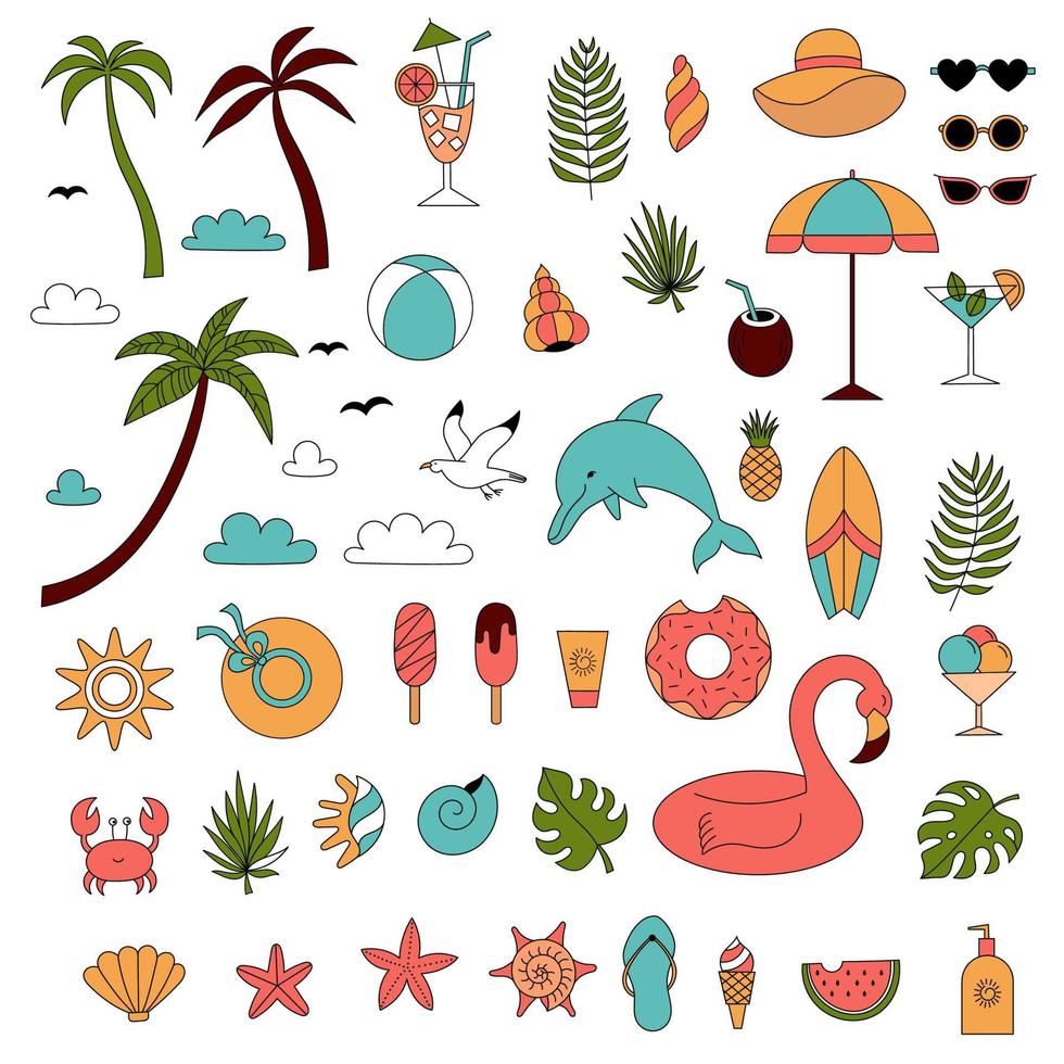 Set of summer beach elements in doodle style. Summer icon. Tropical collection vector