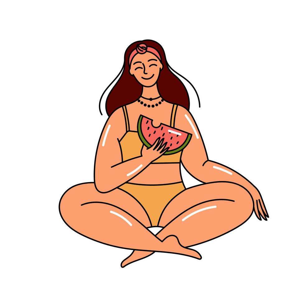 Girl in a swimsuit, summer beach vacation. Woman at the sea. Body positivity and self-love. Beautiful people. Doodle style illustration vector