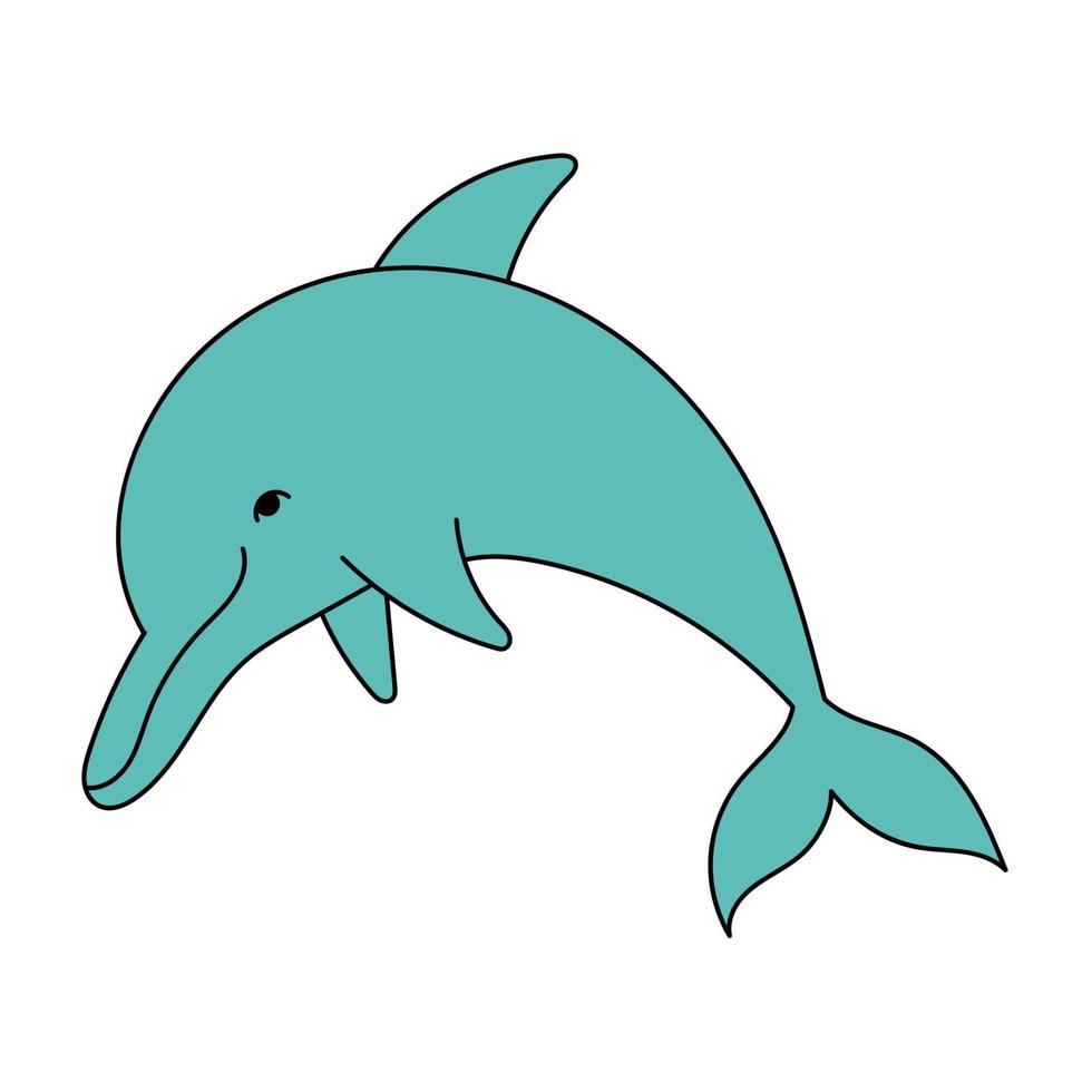 Cute blue dolphin in doodle style. Marine animal. Simple illustration isolated on white background. Summer icon vector