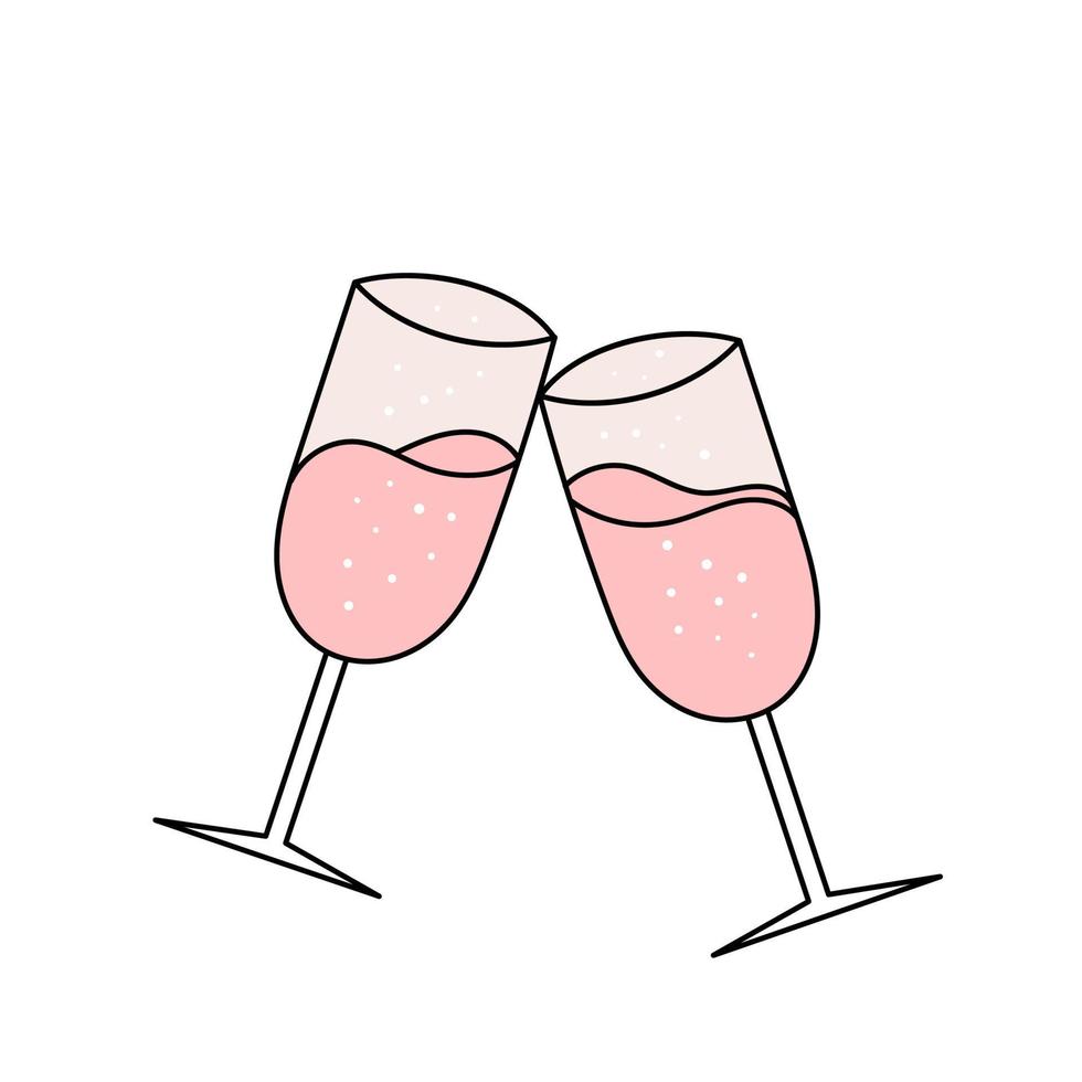 Two glasses of champagne, sparkling wine. simple wedding icon. Vector illustration in doodle style