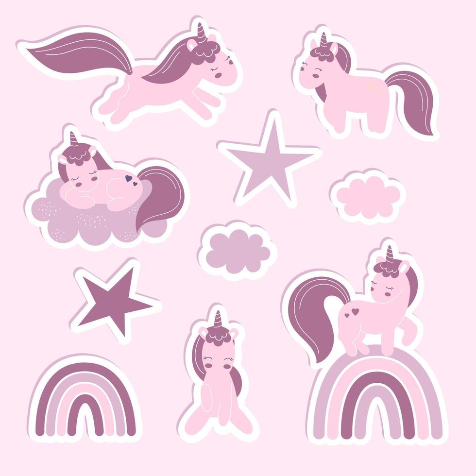 A set of stickers with fabulous unicorns. Set of cute ponies. Childrens illustration vector