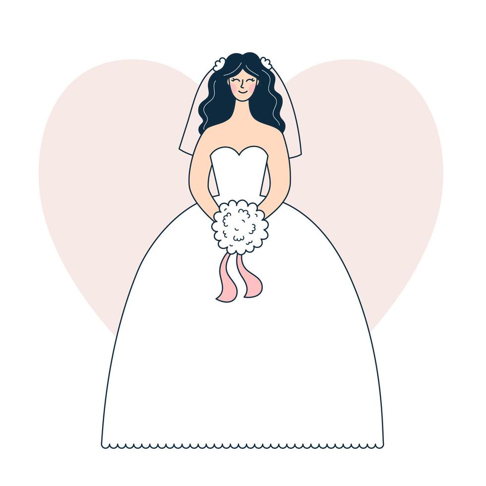 Young woman in white wedding dress, bride with a bouquet at the wedding, festive celebration. Vector illustration in outline style, colored doodle.