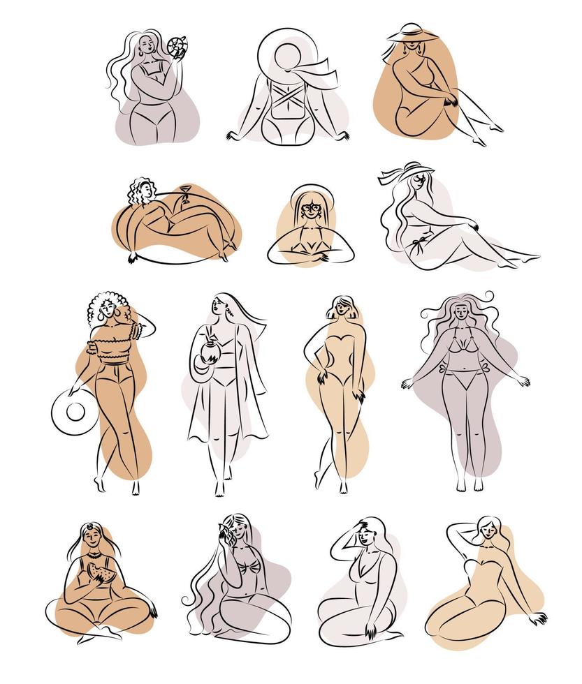 set of girls in swimsuits, summer beach collection. women on vacation. abstract design vector
