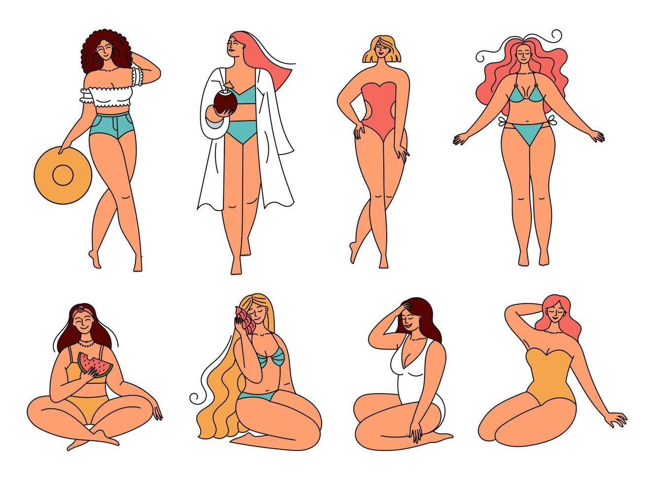 Set of girls in swimsuits, summer beach collection. Women on vacation. Body positivity and self-love. Beautiful people. Doodle style illustration vector