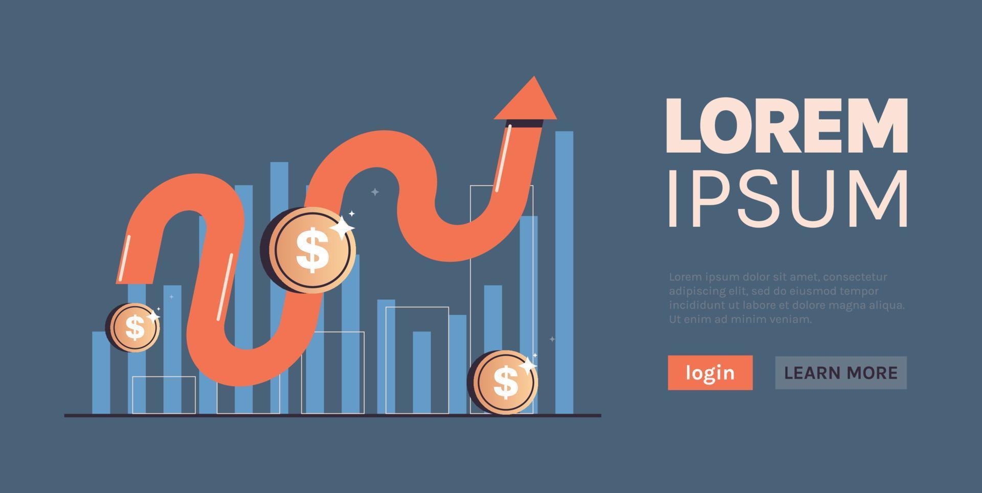 Growing arrow and business growth or effectrive startup strategy, company statistics, sales analysis, financial investment concept flat vector illustration.