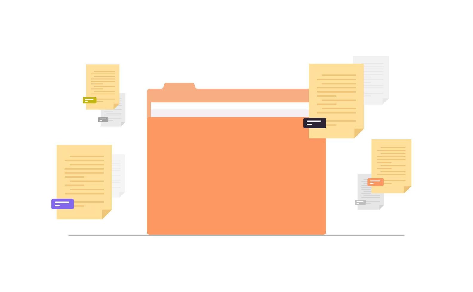 Documents organizing and folder file management paperwork data archive flat vector illustration.