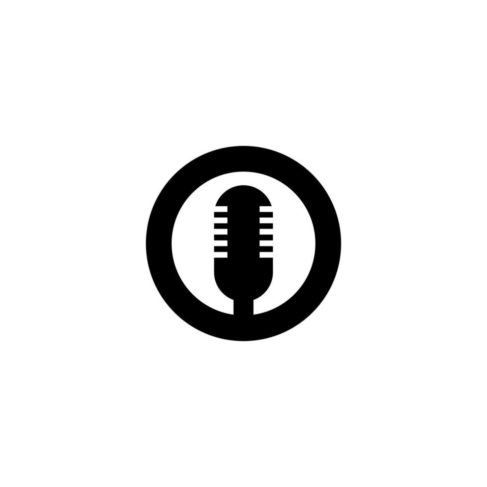 The microphone icon in a fashionable flat style is isolated against the background. Logo, application, user interface. Podcast radio icon. Studio microphone table broadcast podcast text. vector