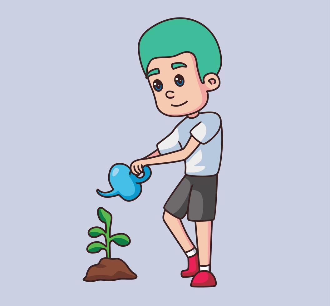 little boy watering the plants cartoon illustration vector