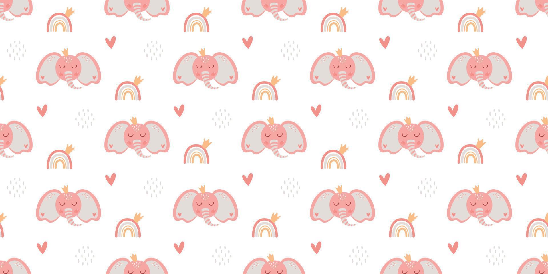 Pink baby girl pattern. Girl pink sweet background. Pink vector seamless design. Baby elephant pattern. Childish princess illustration. Baby seamless print. Pink nursery background. Cute baby rainbow.
